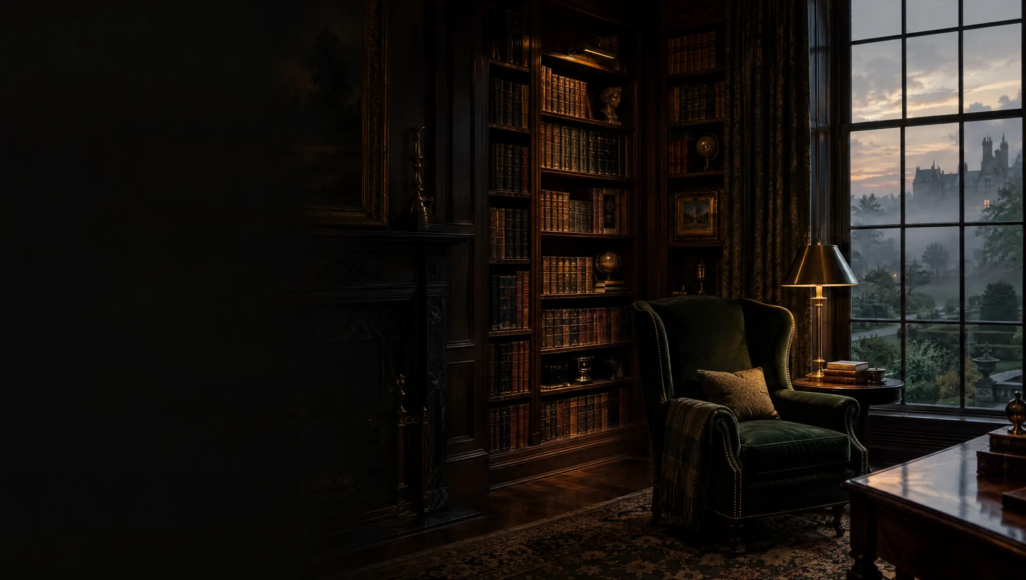 A private library in a family residence at dusk